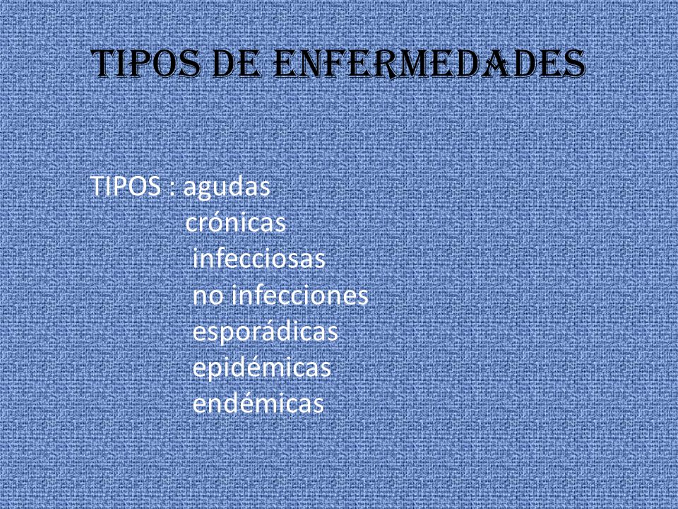 Tipos de enfermedades TIPOS : agudas crónicas infecciosas