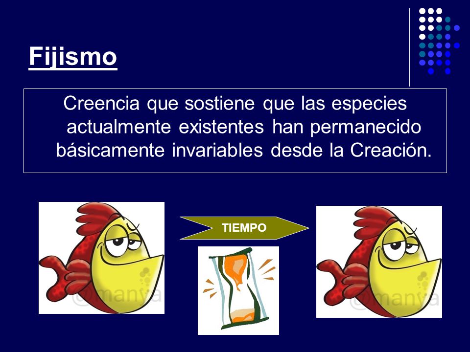 Fijismo Creencia que sostiene que las especies actualmente existentes han permanecido básicamente invariables desde la Creación.