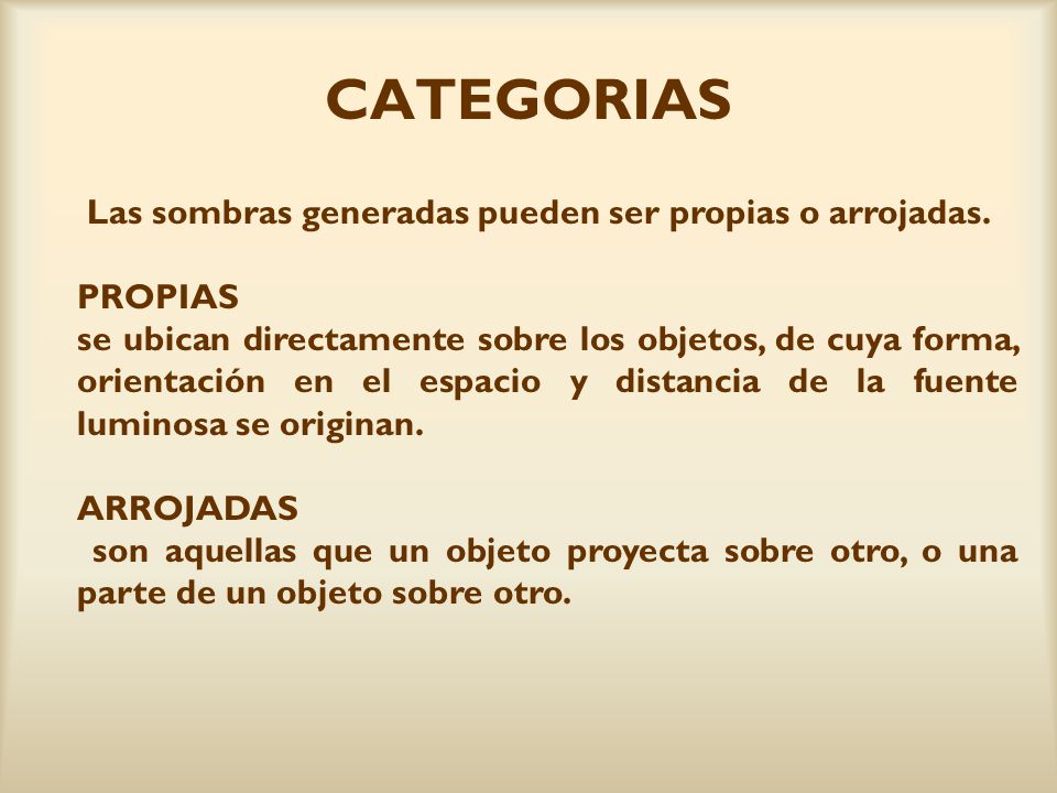CATEGORIAS Las sombras generadas pueden ser propias o arrojadas.