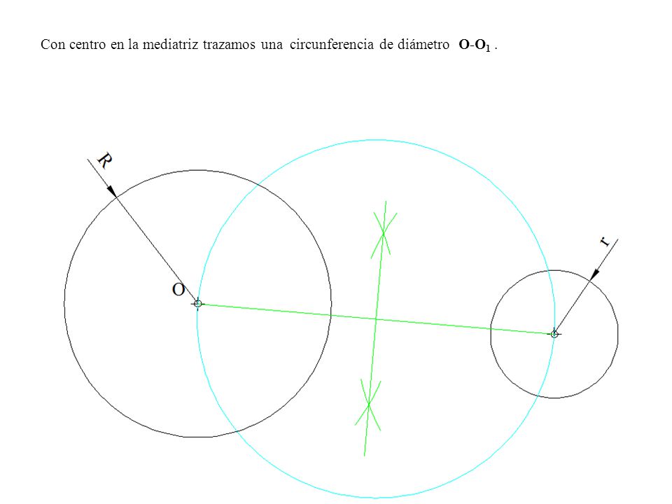 Con centro en la mediatriz trazamos una circunferencia de diámetro O-O1 .