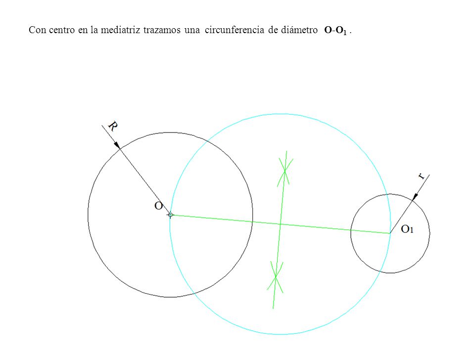 Con centro en la mediatriz trazamos una circunferencia de diámetro O-O1 .