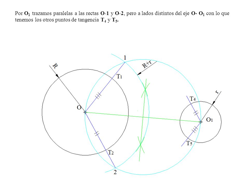 Por O1 trazamos paralelas a las rectas O-1 y O-2, pero a lados distintos del eje O- O1 con lo que tenemos los otros puntos de tangencia T4 y T5.