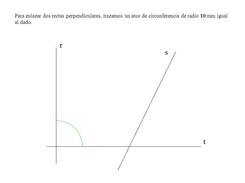 Para enlazar dos rectas perpendiculares, trazamos un arco de circunferencia de radio 10 mm igual al dado.