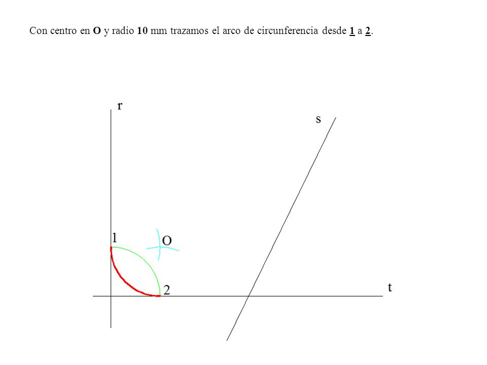 Con centro en O y radio 10 mm trazamos el arco de circunferencia desde 1 a 2.