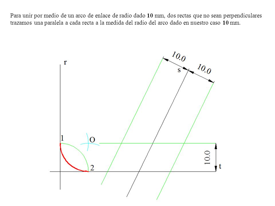 Para unir por medio de un arco de enlace de radio dado 10 mm, dos rectas que no sean perpendiculares trazamos una paralela a cada recta a la medida del radio del arco dado en nuestro caso 10 mm.