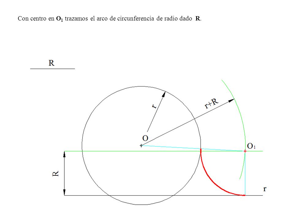 Con centro en O1 trazamos el arco de circunferencia de radio dado R.