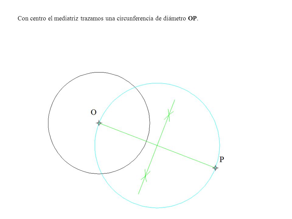 Con centro el mediatriz trazamos una circunferencia de diámetro OP.