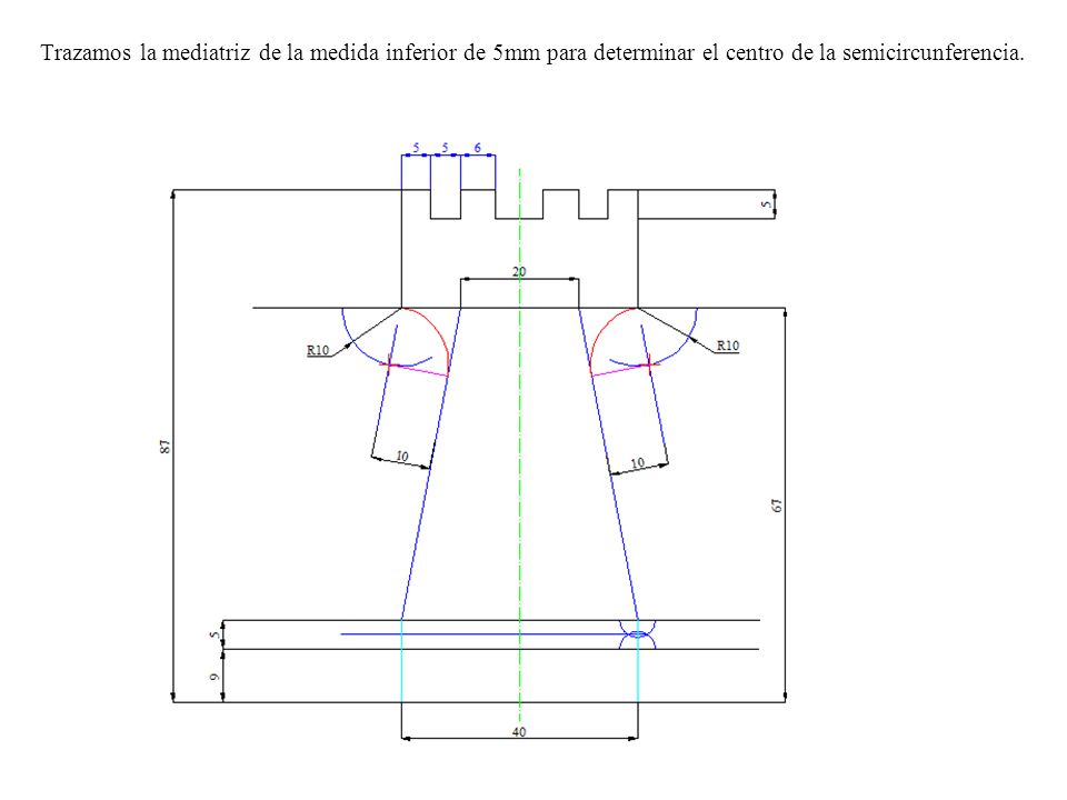 Trazamos la mediatriz de la medida inferior de 5mm para determinar el centro de la semicircunferencia.