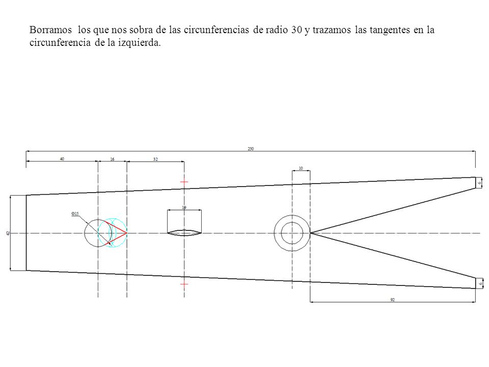 Borramos los que nos sobra de las circunferencias de radio 30 y trazamos las tangentes en la circunferencia de la izquierda.