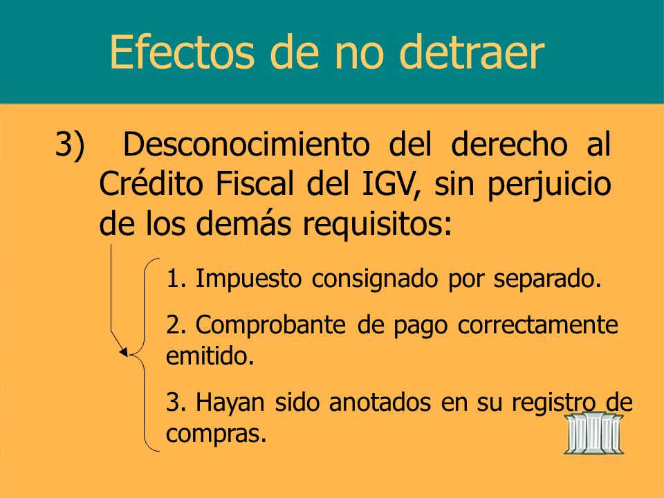 Efectos de no detraer 3) Desconocimiento del derecho al Crédito Fiscal del IGV, sin perjuicio de los demás requisitos: