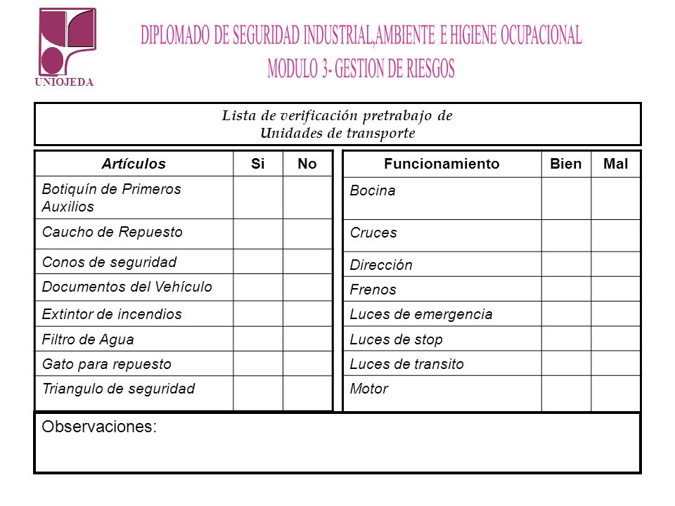 Lista de verificación pretrabajo de Unidades de transporte