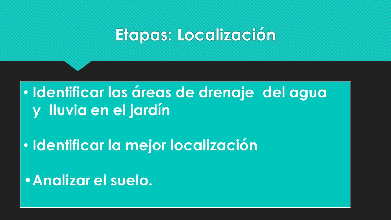 Etapas: Localización Identificar las áreas de drenaje del agua y lluvia en el jardín. Identificar la mejor localización.