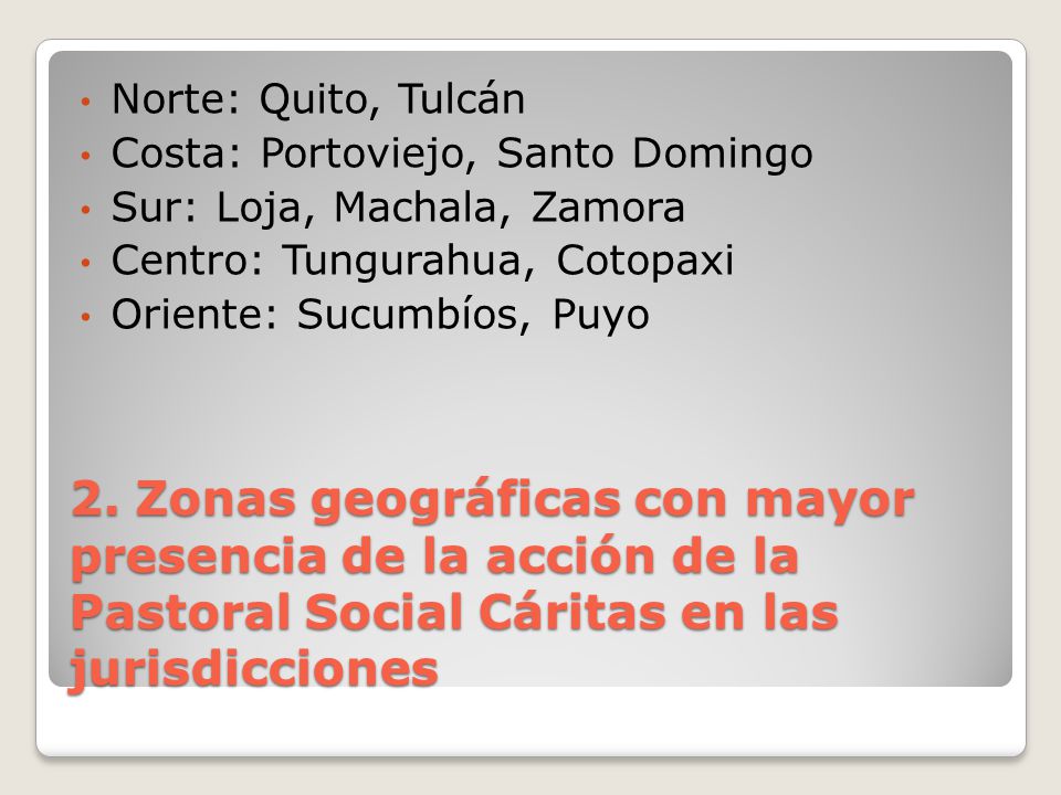 Norte: Quito, Tulcán Costa: Portoviejo, Santo Domingo. Sur: Loja, Machala, Zamora. Centro: Tungurahua, Cotopaxi.
