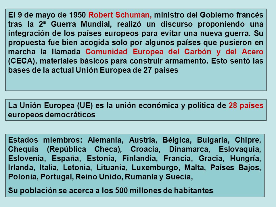 El 9 de mayo de 1950 Robert Schuman, ministro del Gobierno francés tras la 2ª Guerra Mundial, realizó un discurso proponiendo una integración de los países europeos para evitar una nueva guerra. Su propuesta fue bien acogida solo por algunos países que pusieron en marcha la llamada Comunidad Europea del Carbón y del Acero (CECA), materiales básicos para construir armamento. Esto sentó las bases de la actual Unión Europea de 27 países