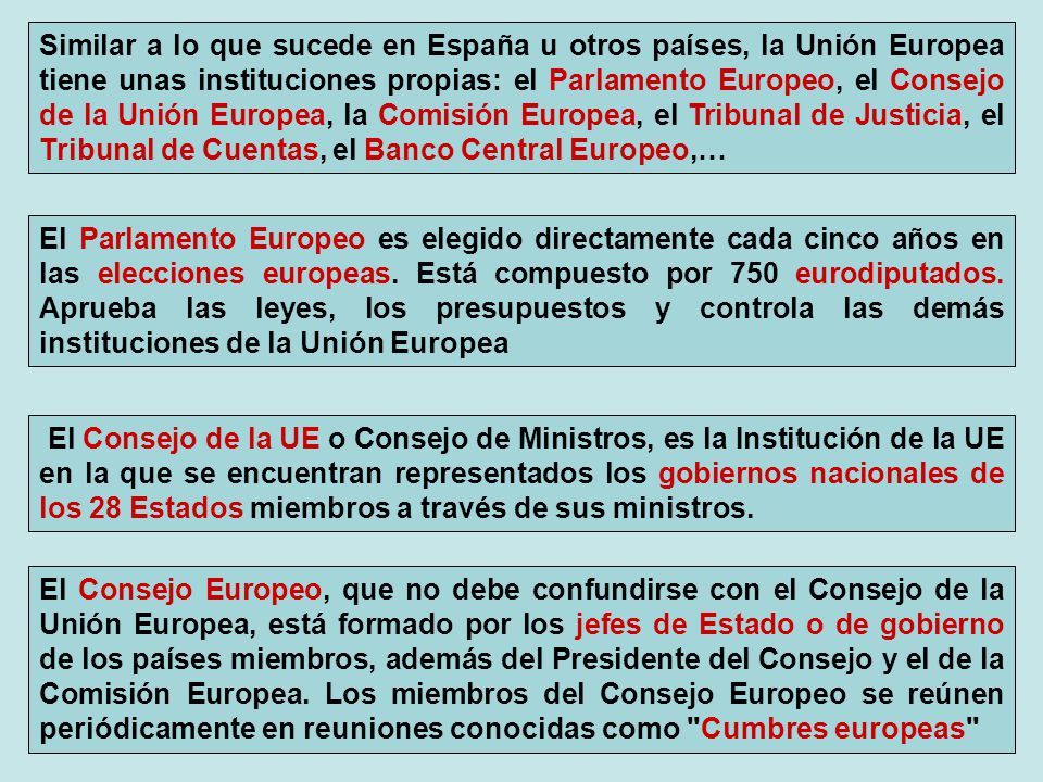 Similar a lo que sucede en España u otros países, la Unión Europea tiene unas instituciones propias: el Parlamento Europeo, el Consejo de la Unión Europea, la Comisión Europea, el Tribunal de Justicia, el Tribunal de Cuentas, el Banco Central Europeo,…