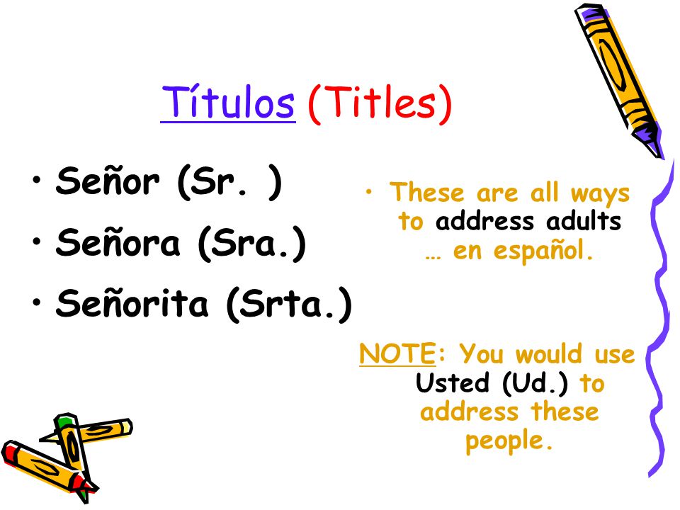 Títulos (Titles) Señor (Sr. ) Señora (Sra.) Señorita (Srta.)