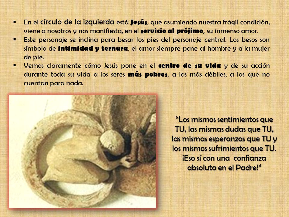En el círculo de la izquierda está Jesús, que asumiendo nuestra frágil condición, viene a nosotros y nos manifiesta, en el servicio al prójimo, su inmenso amor.
