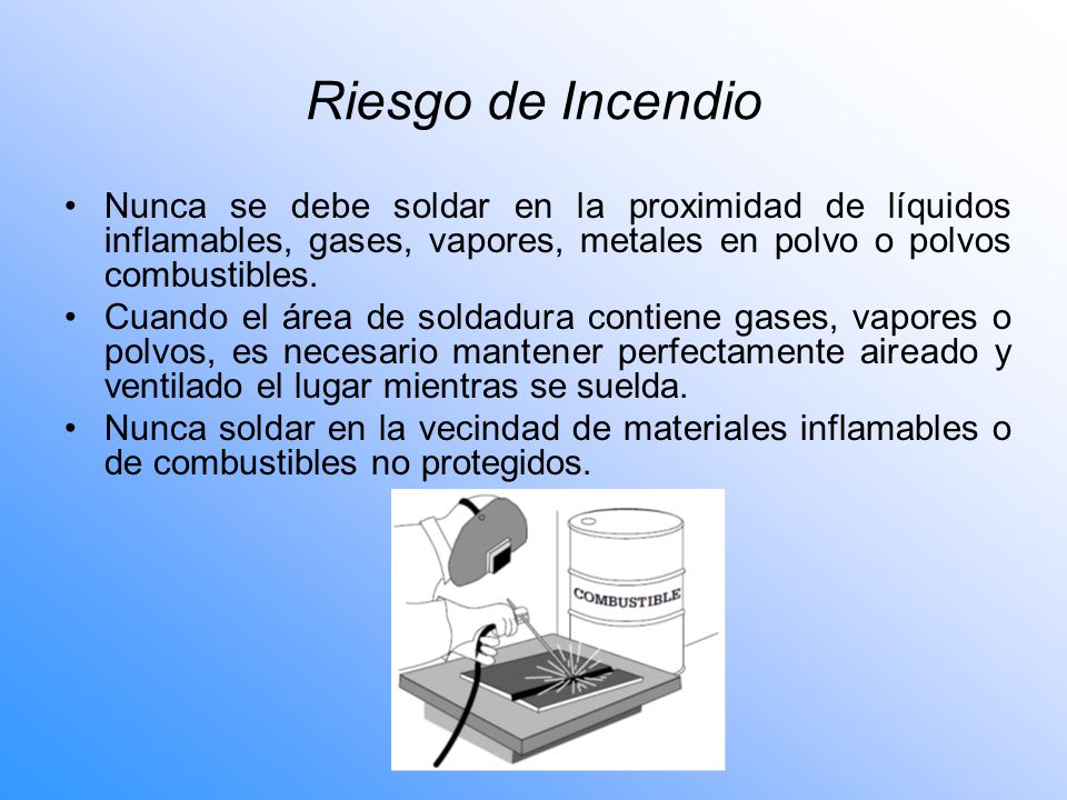 Riesgo de Incendio Nunca se debe soldar en la proximidad de líquidos inflamables, gases, vapores, metales en polvo o polvos combustibles.