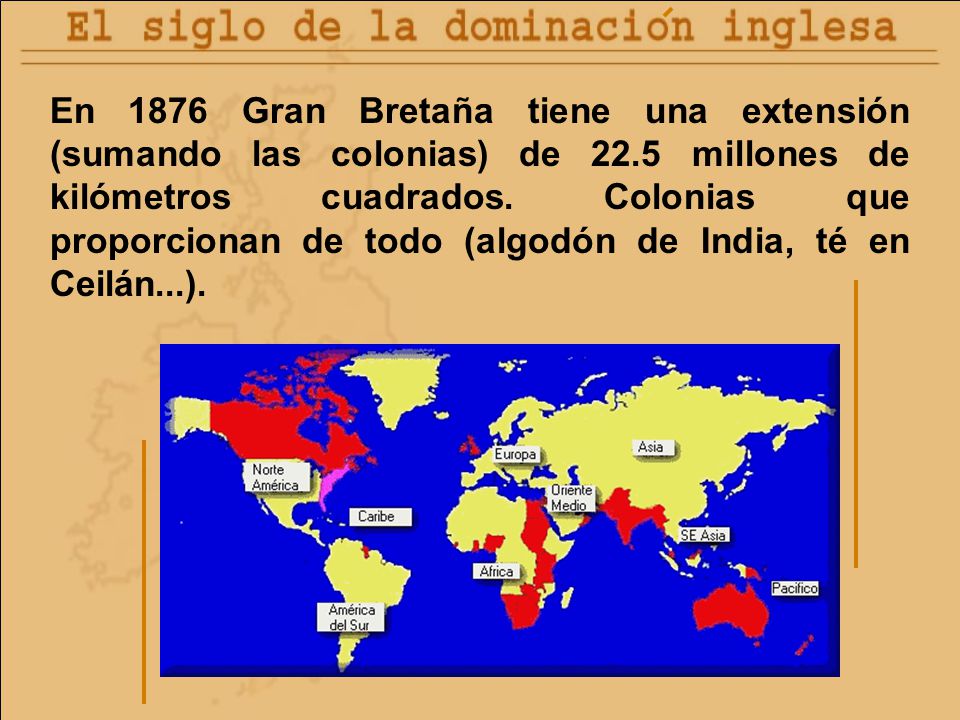 En 1876 Gran Bretaña tiene una extensión (sumando las colonias) de 22