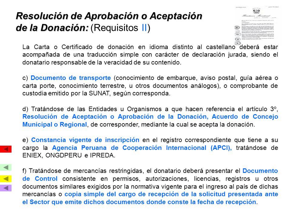 Resolución de Aprobación o Aceptación de la Donación: (Requisitos II)