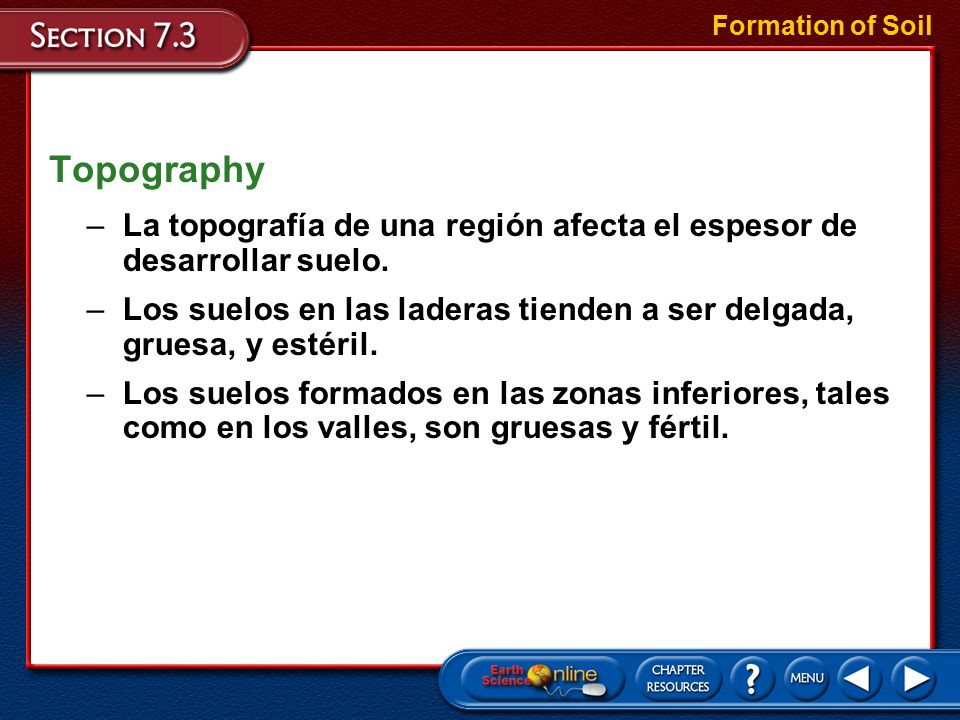 Formation of Soil Topography. La topografía de una región afecta el espesor de desarrollar suelo.