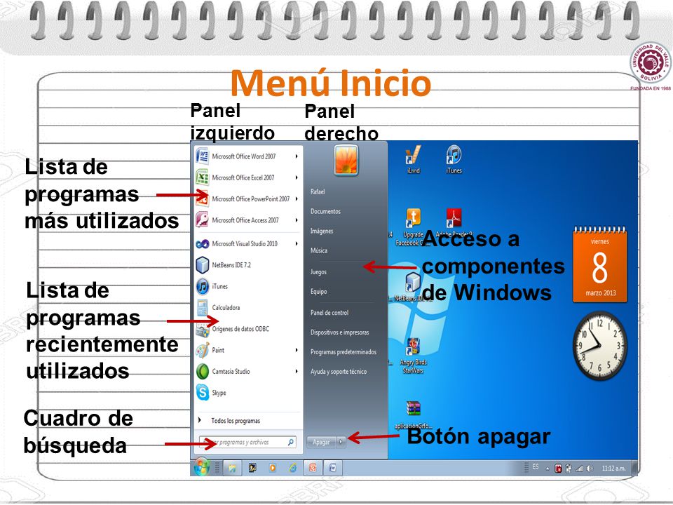Menú Inicio Lista de programas más utilizados