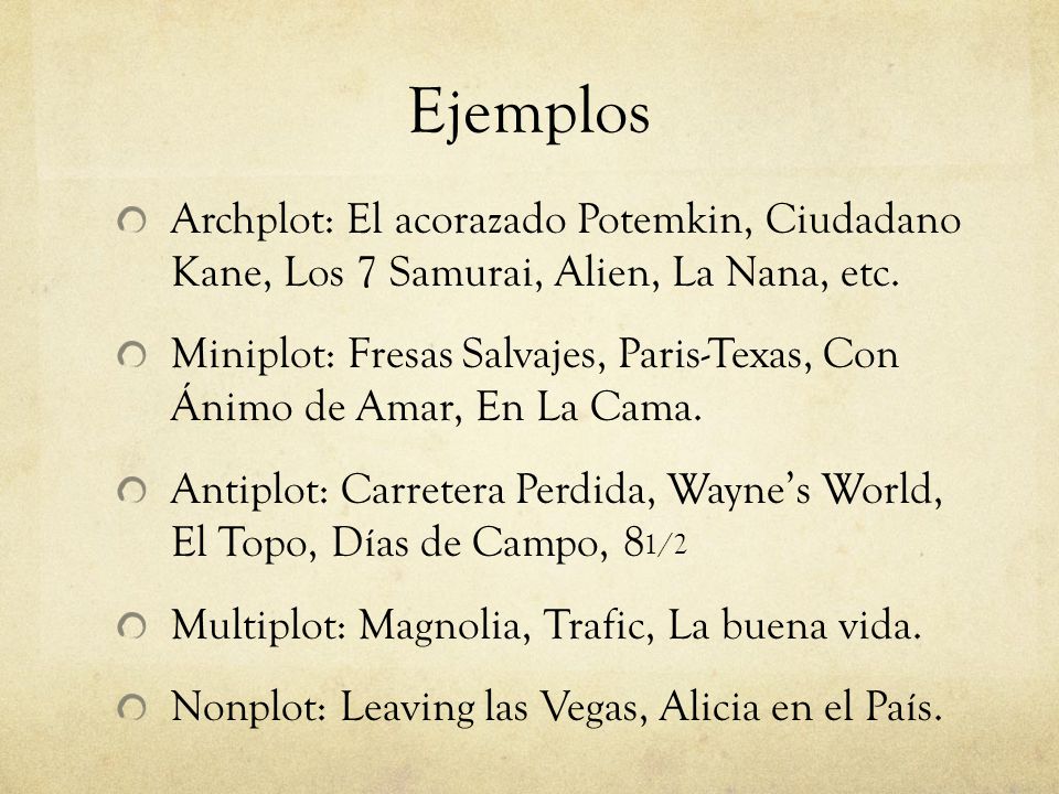 Ejemplos Archplot: El acorazado Potemkin, Ciudadano Kane, Los 7 Samurai, Alien, La Nana, etc.