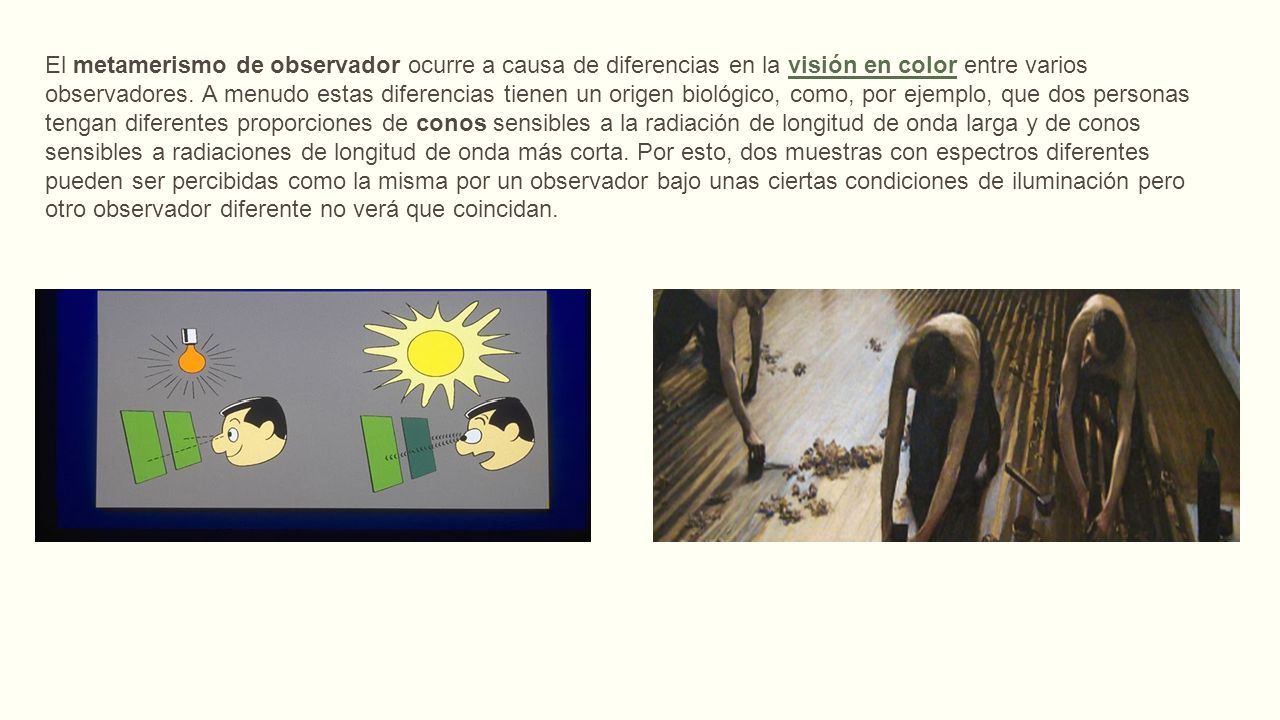 El metamerismo de observador ocurre a causa de diferencias en la visión en color entre varios observadores.