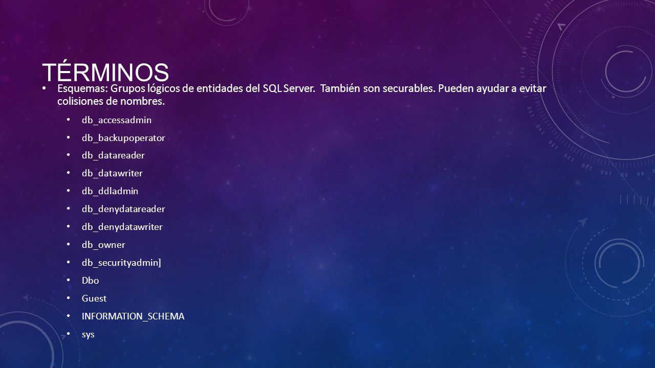 términos Esquemas: Grupos lógicos de entidades del SQL Server. También son securables. Pueden ayudar a evitar colisiones de nombres.