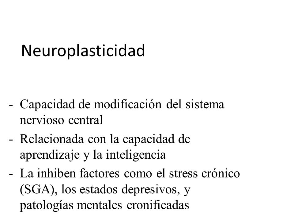 Neuroplasticidad Capacidad de modificación del sistema nervioso central. Relacionada con la capacidad de aprendizaje y la inteligencia.