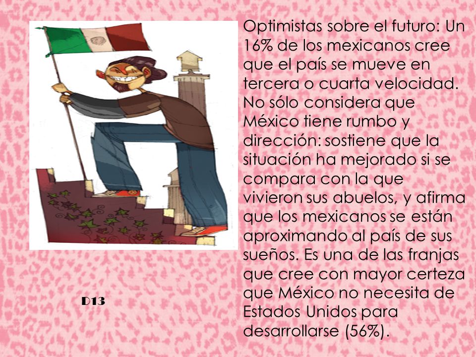 Optimistas sobre el futuro: Un 16% de los mexicanos cree que el país se mueve en tercera o cuarta velocidad. No sólo considera que México tiene rumbo y dirección: sostiene que la situación ha mejorado si se compara con la que vivieron sus abuelos, y afirma que los mexicanos se están aproximando al país de sus sueños. Es una de las franjas que cree con mayor certeza que México no necesita de Estados Unidos para desarrollarse (56%).