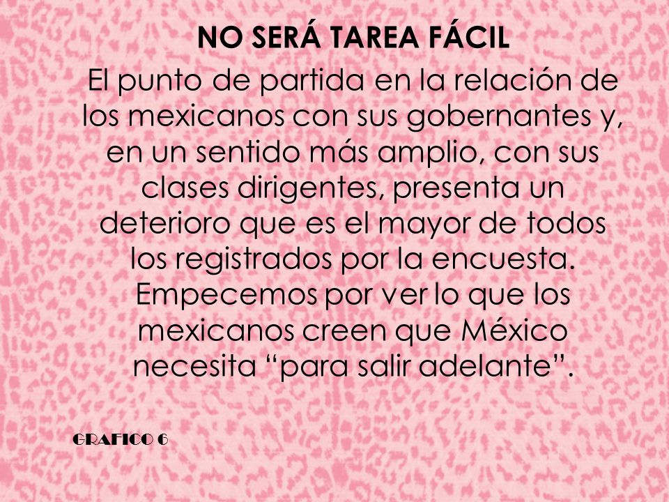 NO SERÁ TAREA FÁCIL El punto de partida en la relación de los mexicanos con sus gobernantes y, en un sentido más amplio, con sus clases dirigentes, presenta un deterioro que es el mayor de todos los registrados por la encuesta. Empecemos por ver lo que los mexicanos creen que México necesita para salir adelante .