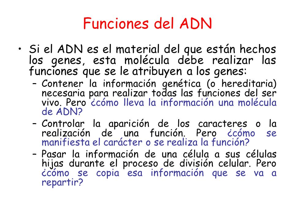 Funciones del ADN Si el ADN es el material del que están hechos los genes, esta molécula debe realizar las funciones que se le atribuyen a los genes: