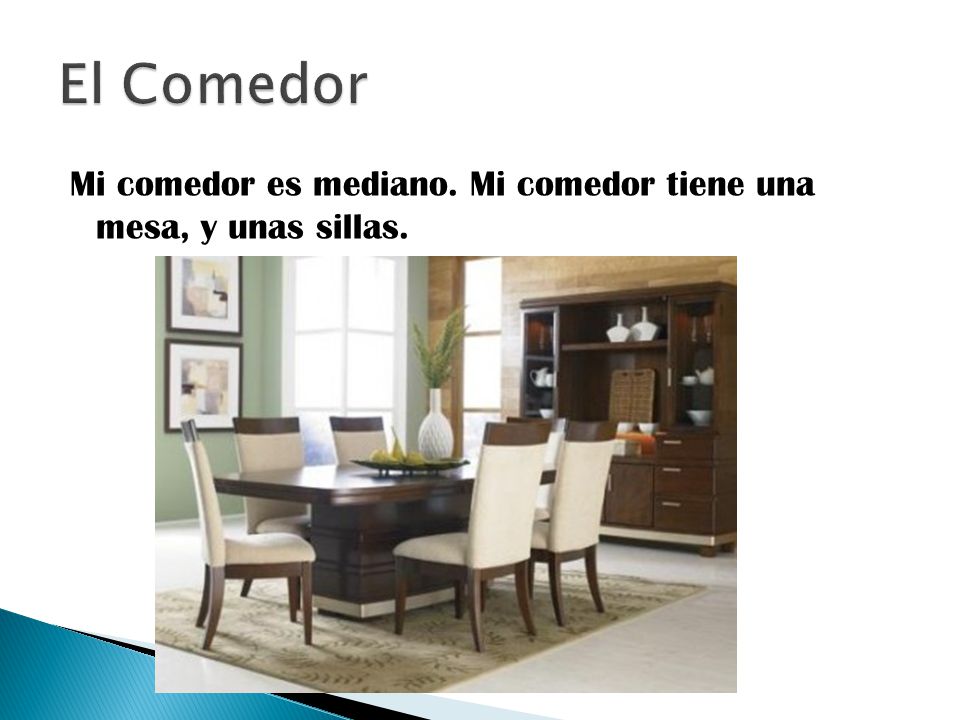 El Comedor Mi comedor es mediano. Mi comedor tiene una mesa, y unas sillas.