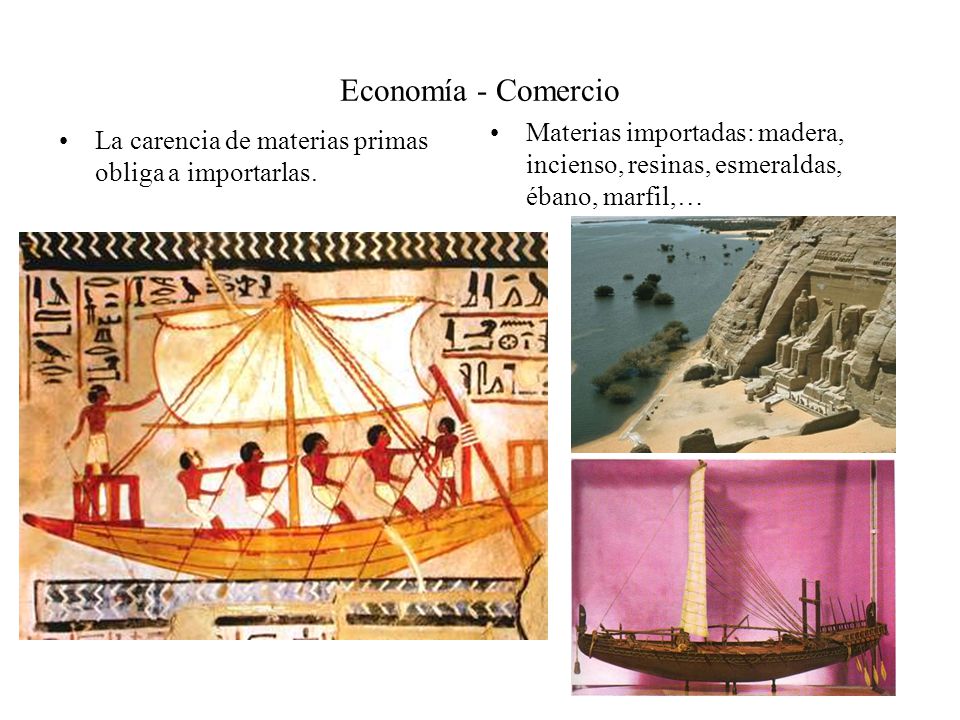 Economía - Comercio Materias importadas: madera, incienso, resinas, esmeraldas, ébano, marfil,… La carencia de materias primas obliga a importarlas.