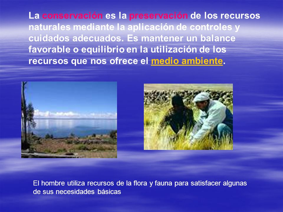 La conservación es la preservación de los recursos naturales mediante la aplicación de controles y cuidados adecuados. Es mantener un balance favorable o equilibrio en la utilización de los recursos que nos ofrece el medio ambiente.