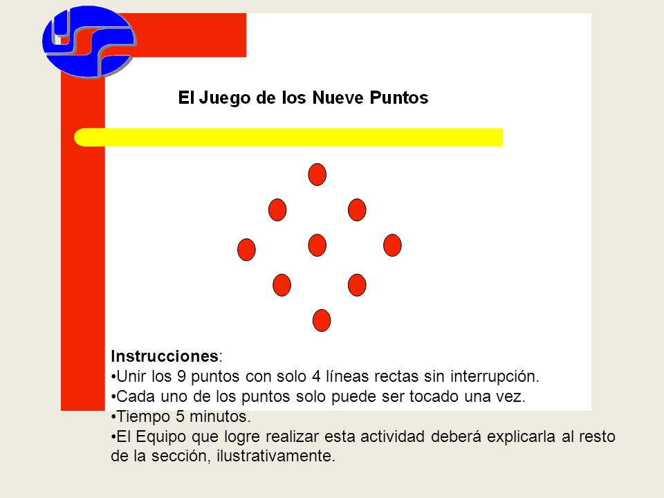 Unir los 9 puntos con solo 4 líneas rectas sin interrupción.