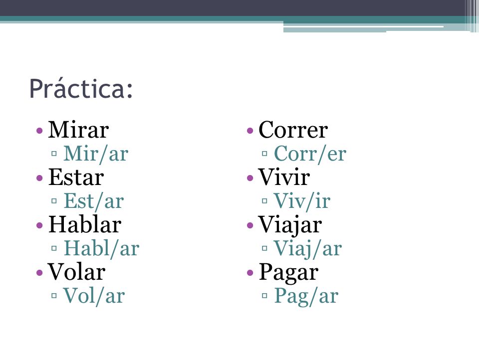 Práctica: Mirar Correr Estar Vivir Hablar Viajar Volar Pagar Mir/ar