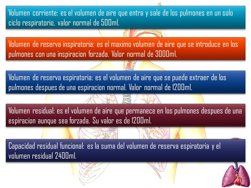 Volumen corriente: es el volumen de aire que entra y sale de los pulmones en un solo ciclo respiratorio, valor normal de 500ml.