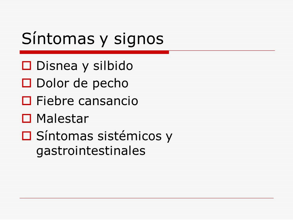 Síntomas y signos Disnea y silbido Dolor de pecho Fiebre cansancio