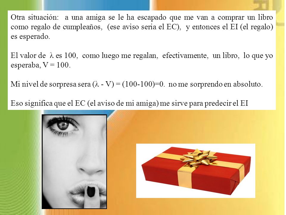 Otra situación: a una amiga se le ha escapado que me van a comprar un libro como regalo de cumpleaños, (ese aviso seria el EC), y entonces el EI (el regalo) es esperado.