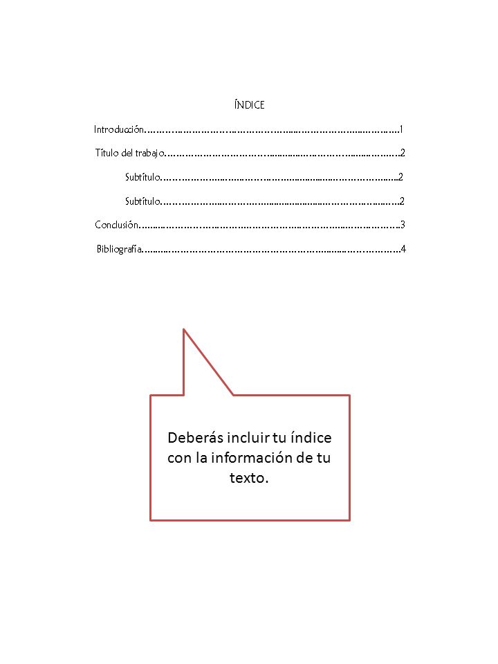 Deberás incluir tu índice con la información de tu texto.
