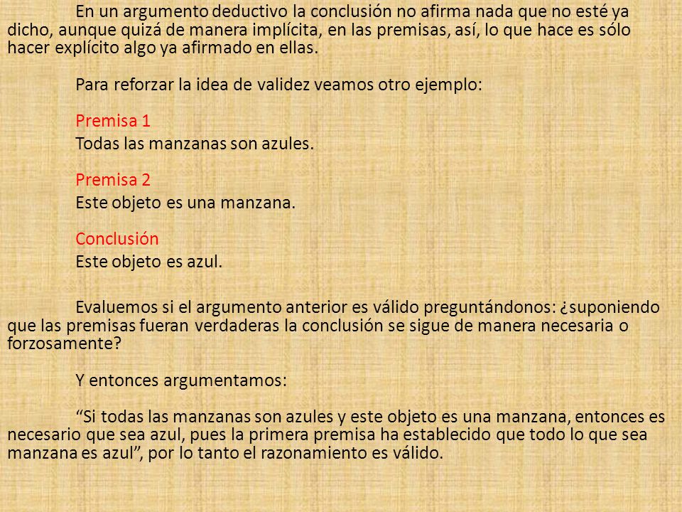 En un argumento deductivo la conclusión no afirma nada que no esté ya dicho, aunque quizá de manera implícita, en las premisas, así, lo que hace es sólo hacer explícito algo ya afirmado en ellas.