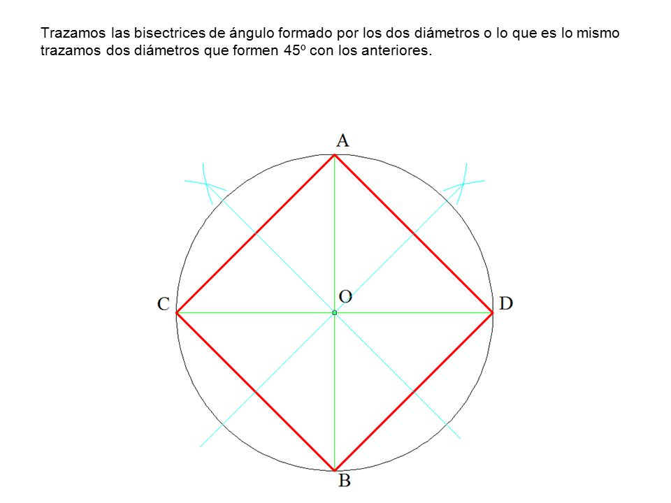 Trazamos las bisectrices de ángulo formado por los dos diámetros o lo que es lo mismo trazamos dos diámetros que formen 45º con los anteriores.