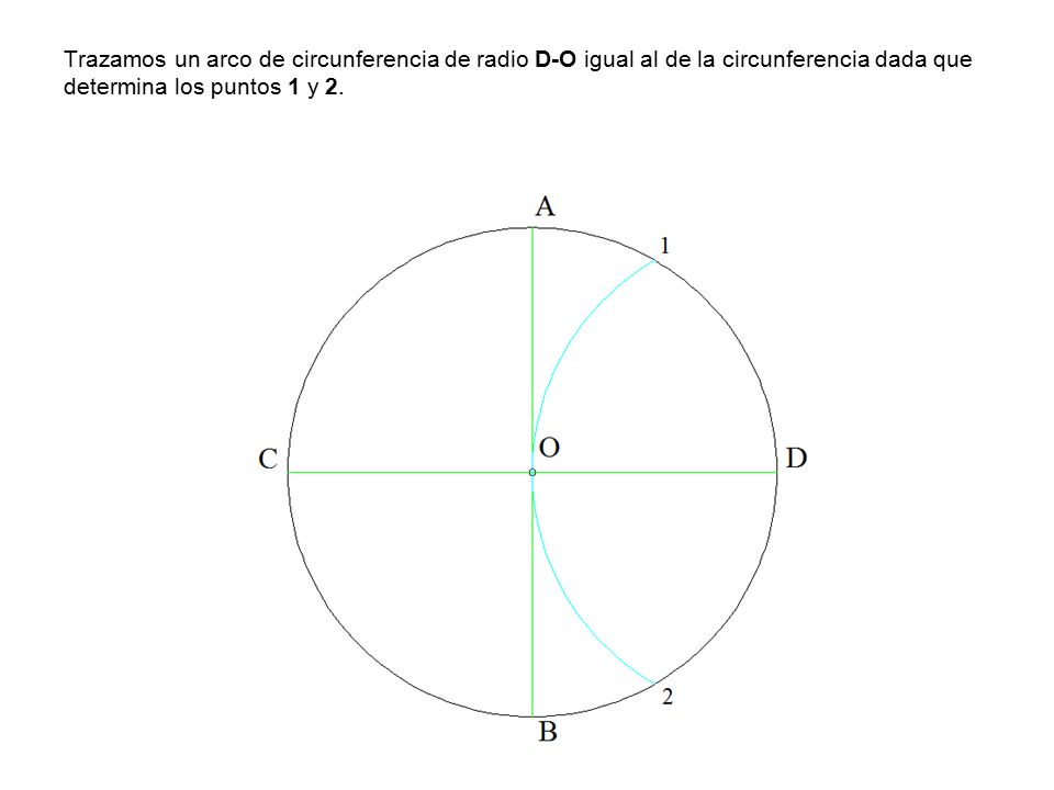 Trazamos un arco de circunferencia de radio D-O igual al de la circunferencia dada que determina los puntos 1 y 2.