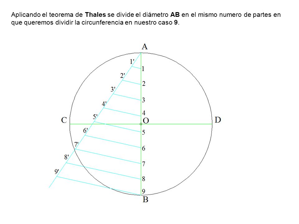 Aplicando el teorema de Thales se divide el diámetro AB en el mismo numero de partes en que queremos dividir la circunferencia en nuestro caso 9.