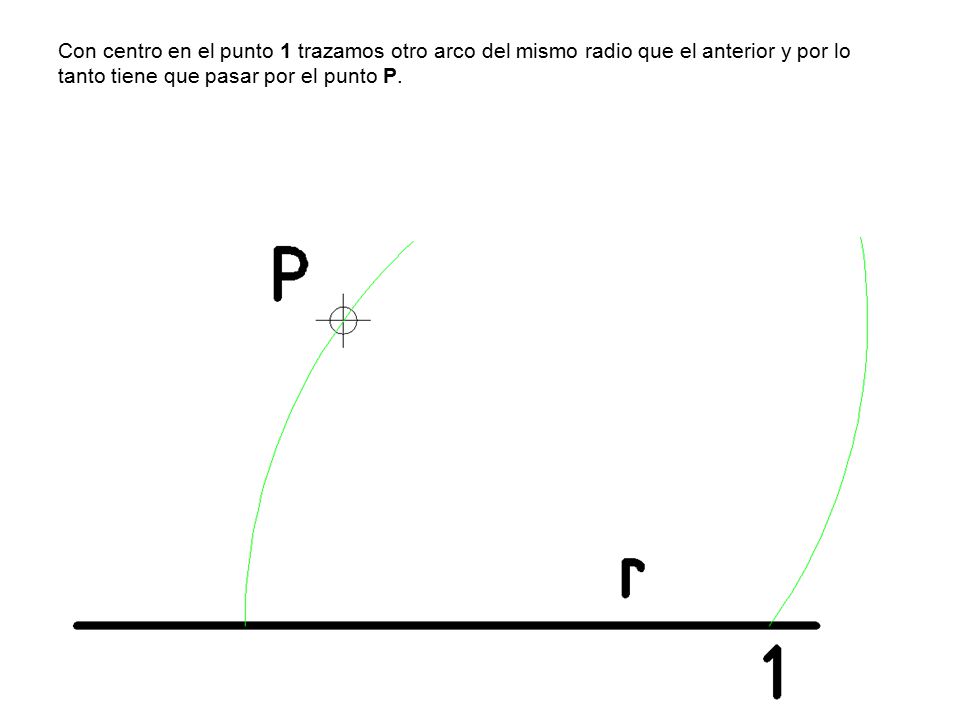 Con centro en el punto 1 trazamos otro arco del mismo radio que el anterior y por lo tanto tiene que pasar por el punto P.