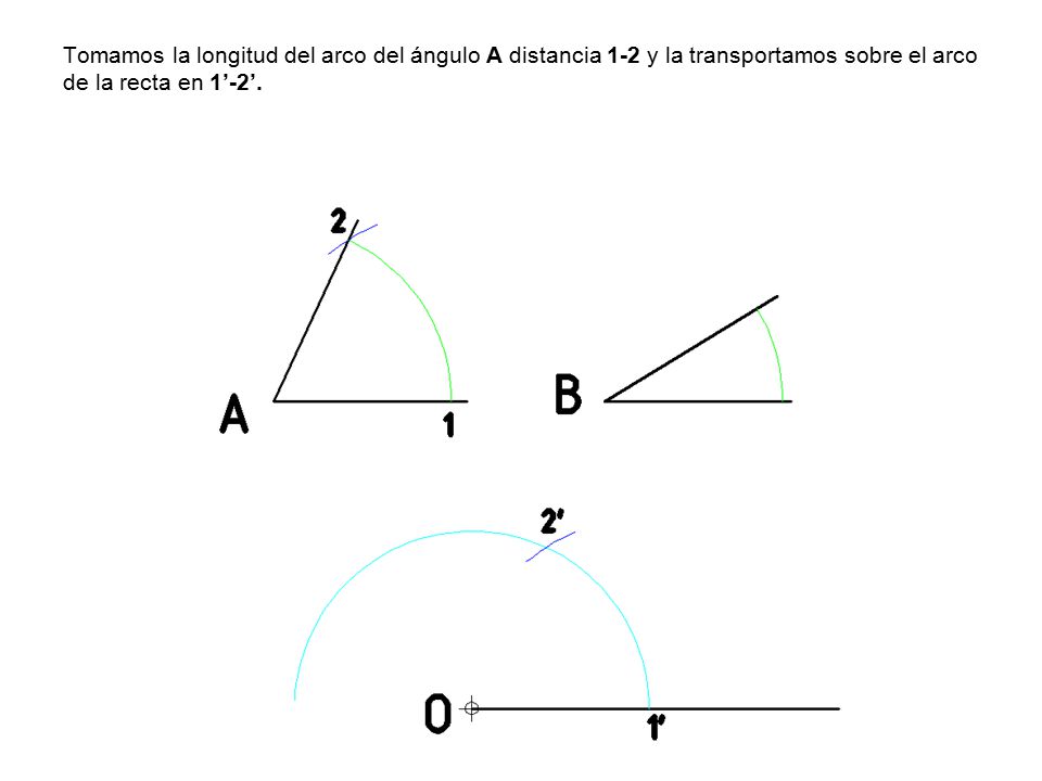 Tomamos la longitud del arco del ángulo A distancia 1-2 y la transportamos sobre el arco de la recta en 1’-2’.
