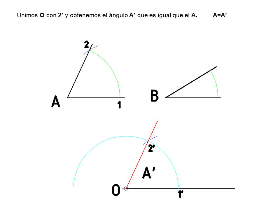 Unimos O con 2’ y obtenemos el ángulo A’ que es igual que el A. A=A’