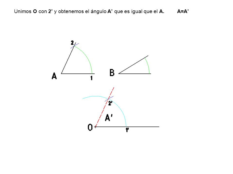 Unimos O con 2’ y obtenemos el ángulo A’ que es igual que el A. A=A’